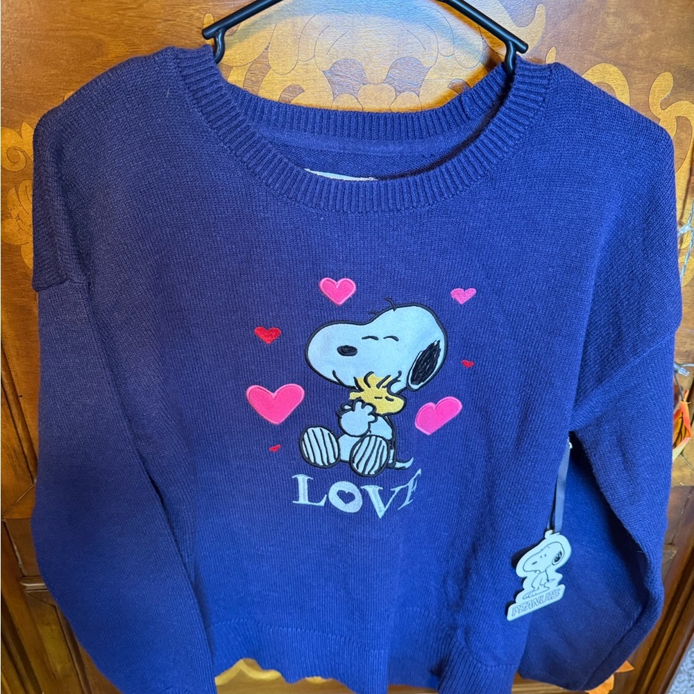 Peanuts Navy Sweater with Snoopy and Pink Hearts - Picture 1 of 4